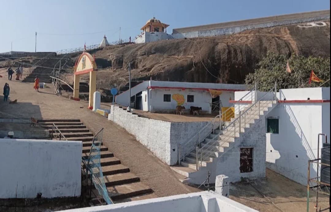 Ramrekha Dham temple on Karo River bank with stone ghats and forested hills, Simdega district, Jharkhand