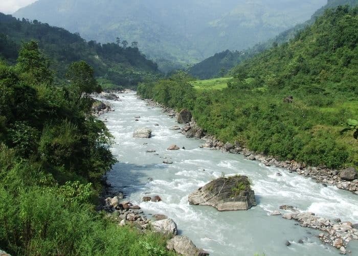 Koel River Viewpoint — aerial view of North Koel River gorge with dense tiger reserve forest, near Netarhat, Latehar, Jharkhand