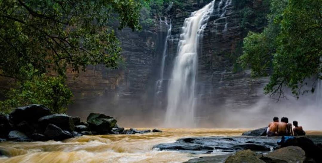 Dhardharia Falls — twin-stream parallel cascade falling into shared pool, Lohardaga district, Jharkhand